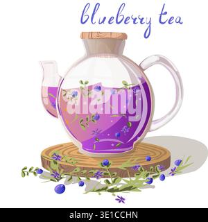 Beautiful glass teapot with blueberry tea splashing inside. Vector illustration banner glass vessel with bright tea with berries, blueberry leaves. Transparent teapot on a wooden tray. Tea leaves and dried berries are scattered around. Stock Vector