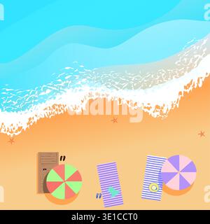 The sea and the foamy waves lapping over the sandy beach for relaxation with sunbeds and umbrellas. Vector illustration Summer vacation on the sea, top view of azure sea and wet sand Some personal belongings of vacationers: slippers, glasses and clothes lie in the shade Stock Vector