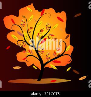 Gorgeous orange autumn tree with different bright leaves falling in the wind. Vector illustration glowing magic fantasy tree with beautiful foliage. Fire effect of a tree in the dark.  Stock Vector