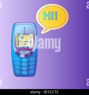 stylish glamorous phone in acid blue color. retro mobile non-touch phone with buttons. The phone display shows a chat with messages that say hi Stock Vector