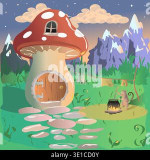 The house is a mushroom and a cat nearby, brewing a potion, a potion, a medicine in a cauldron. Vector illustration. In his yard, the cat Sorcerer brews a potion in the evening on the fire. Mountains and clouds in the background. Cat Shaman lives in nature and knows a lot about potion making Stock Vector