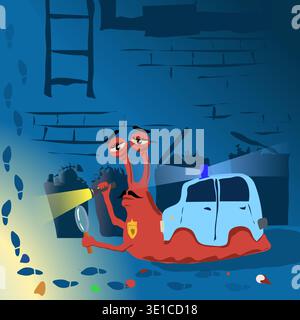 A snail is looking for traces of a criminal in one of the dark alleys of the city. Vector illustration of a huge red snail with a police car on its back instead of a seashell. The detective has a flashlight and a magnifying glass in his hand, and a police badge on his chest Stock Vector