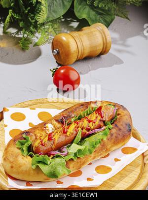 A vibrant hot dog is placed in a soft bun topped with lettuce, cheese, and condiments. A fresh tomato and a wooden pepper mill are on the side, creati Stock Photo