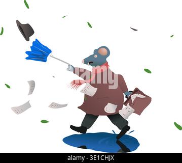 Cartoon character fat rat in coat on strong wind. Vector illustration a humanoid rat fights with the wind, his umbrella broke, his suitcase with paper Stock Vector