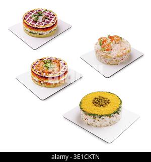 Four vibrant seafood cakes are arranged on white plates, showcasing various ingredients like shrimp, vegetables, and toppings. This appealing presenta Stock Photo