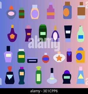 Graphic resource different perfume bottles, shampoo jars and bottles with persperants and cleaning agents of different shapes and colors. Vector illus Stock Vector