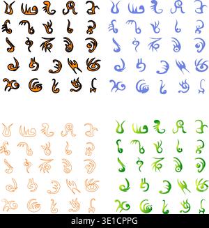 Fictional Alien Not Real Alphabet 25 Pieces Runes Symbols in Four Variants. Vector illustration unusual interesting invented for games and other appli Stock Vector