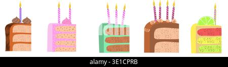 Set of cut cake slices lime chocolod vanilla with candles burning over them. Vector illustrationdifferent types of cake with different creams and deco Stock Vector