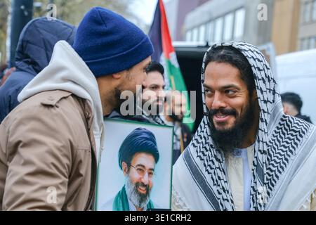 London, UK. 15th March, 2026. Vocalist Bobby Vylan, part of punk rap duo Bob Vylan speaks at the annual Al-Quds Day event along the Albert Embankment and takes photos with rally attendees. The protest this year was held as a static event after Home Secretary Shabana Mahmood approved the Met Police's request to ban the march over concerns of serious public disorder between demonstrators and counter-demonstrators. Credit: Eleventh Hour Photography/Alamy Live News . Stock Photo