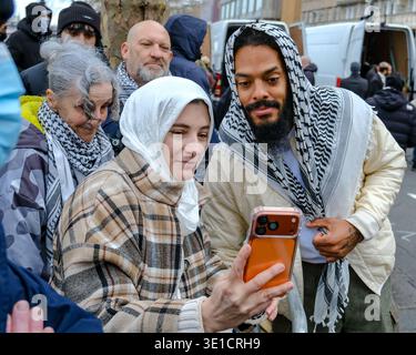 London, UK. 15th March, 2026. Vocalist Bobby Vylan, part of punk rap duo Bob Vylan speaks at the annual Al-Quds Day event along the Albert Embankment and takes photos with rally attendees. The protest this year was held as a static event after Home Secretary Shabana Mahmood approved the Met Police's request to ban the march over concerns of serious public disorder between demonstrators and counter-demonstrators. Credit: Eleventh Hour Photography/Alamy Live News . Stock Photo