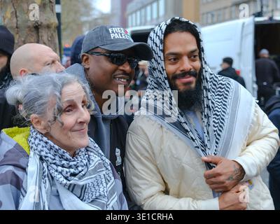 London, UK. 15th March, 2026. Vocalist Bobby Vylan, part of punk rap duo Bob Vylan speaks at the annual Al-Quds Day event along the Albert Embankment and takes photos with rally attendees. The protest this year was held as a static event after Home Secretary Shabana Mahmood approved the Met Police's request to ban the march over concerns of serious public disorder between demonstrators and counter-demonstrators. Credit: Eleventh Hour Photography/Alamy Live News . Stock Photo