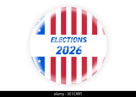 Realistic round vote badge with American flag. USA election voting sticker for 2026 midterm election. Responsible voting symbol, vector illustration. Stock Vector