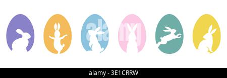Set of rabbit silhouettes inside pastel egg shapes arranged in row Stock Vector