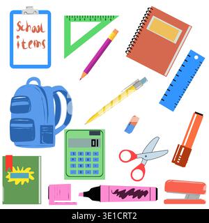 Vector set of stationery school supplies and backpack. All the items you need for the office or school rulers tetrashi, pencils and markers. Illustrat Stock Vector