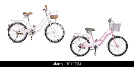 Vintage pink and white bikes with charming basket, isolated on a white background Stock Photo