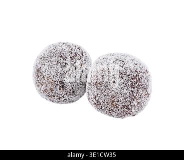 Two chocolate confectionery balls covered in coconut flakes, isolated on a white background Stock Photo