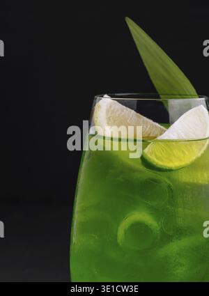 Green refreshing cocktail with ice, lemon and lime slices, decorated with palm leaf on black background Stock Photo