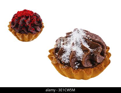 Two delicious chocolate cream cupcakes decorated with coconut and chocolate sprinkles isolated on white background Stock Photo
