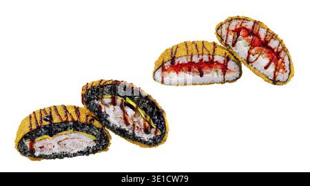 Variety of deep fried sushi rolls being presented on solid white background Stock Photo
