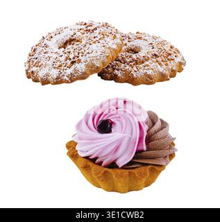 Two peanut cookies falling on delicious cupcake with pink and chocolate topping isolated on white background Stock Photo
