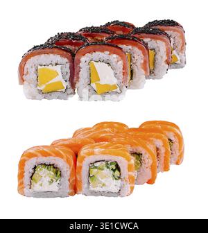 Two sets of delicious sushi rolls with salmon, tuna and mango isolated on white background Stock Photo