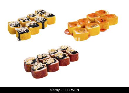 Three different sets of sweet sushi with chocolate, fruit and nuts toppings, isolated on white background Stock Photo