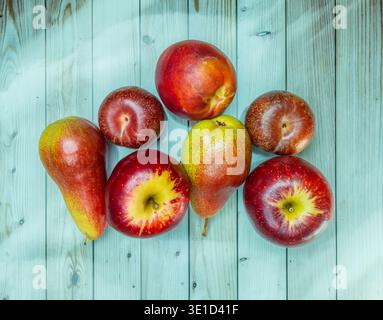 Colorful arrangement of fresh fruits including red apples, plums, and pears displayed on a rustic turquoise wooden surface. The vibrant fruits showcas Stock Photo