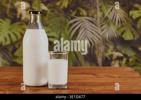 Refreshing milk in a glass and bottle on a rustic wooden table Stock Photo