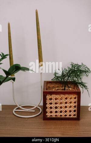 A stylish home decor setup featuring unlit green taper candles in a minimalist candelabra, next to a small green plant in a wooden rattan planter, all Stock Photo