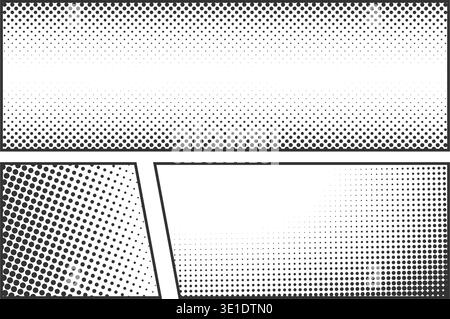 Horizontal comic manga panel with halftone effect backgrounds. Anime book page sample with dotted gradient textures. Storyboard template with faded polka dot patterns. Vector graphic illustration. Stock Vector