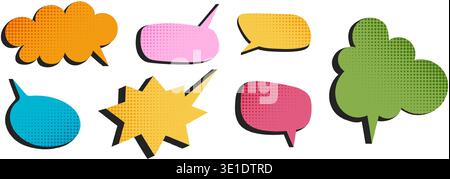 Set of cute speech bubble templates with dotted halftone shadows. Dialogue clouds, text boxes, quote balloons, message tags, idea stickers isolated on white background. Vector cartoon illustration. Stock Vector