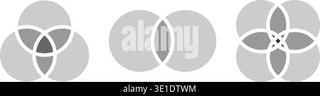 Set of gray colored Venn diagrams with 2, 3 and 4 intersected circles isolated on white background. Templates for statistics chart, presentation or Stock Vector
