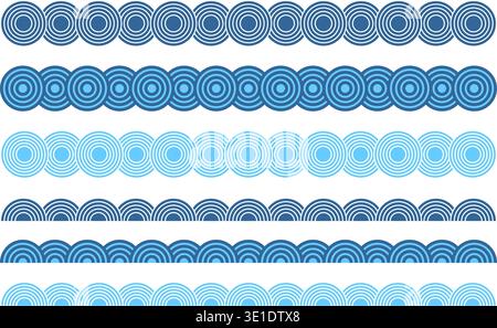 Borders with repeated blue overlapped circles and semicircles. Dividers or separators with sea or ocean scallops, dragon or fish scale texture. Abstract oriental ornaments. Vector flat illustration. Stock Vector