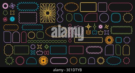 Set of bright colorful forms with curvy edges on black background. Simple cute shapes with undulated borders. Empty neon signboards or web banners. Vector outline illustration. Stock Vector