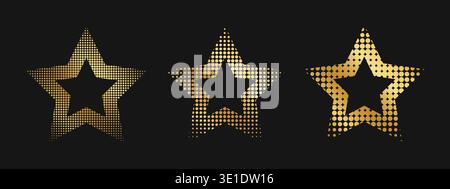 Set of golden star frames with dotted halftone borders. Starry gold shapes with mosaic, pixel or grain texture isolated on black background. Luxury decorative design elements. Vector illustration. Stock Vector