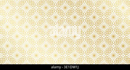 Art deco or boho style pattern with repeated overlapped golden flower shapes on white background. Luxury floral print. Elegant minimalistic wallpaper. Golden abstract ornament. Vector illustration. Stock Vector