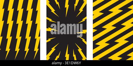 Set of vertical posters with lightning effect. Yellow thunderbolt shapes on black background. Wallpapers with comic manga style print. Shock, danger Stock Vector