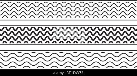 Set of horizontal borders with waves pattern isolated on white background. Tapes with thin and thick curvy lines print. Simple undulated ornaments Stock Vector