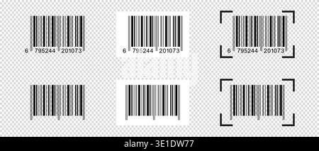 Set of barcode stickers with scanner frames. Bar code labels isolated on transparent background. Tags with visual data digital representation with Stock Vector