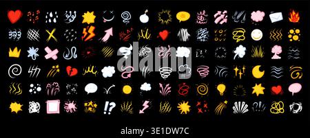 Color comic effect manga elements set on black background. High contrast neon doodle symbols flashes, clouds, arrows, speed lines speech bubbles for dramatic pop art posters and animation graphics. Stock Vector
