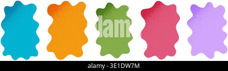 Cute asymmetric wavy shapes with gritty textures. Irregular blobs with noise shadows in corners. Abstract psychedelic forms. Speech cloud, textbox, tag or label templates. Vector cartoon illustration. Stock Vector