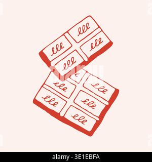 Hand drawn vector illustration of two chocolate bars with decorative swirls. Minimalist red line art icon of cocoa candy snack for sweet shop branding Stock Vector