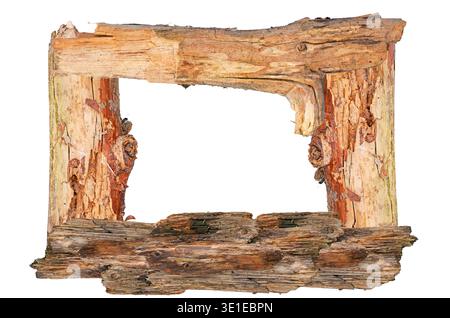 Rustic wooden frame made from old weathered tree branches isolated on white background.border with cracked bark,rough texture .Natural frame suitable Stock Photo
