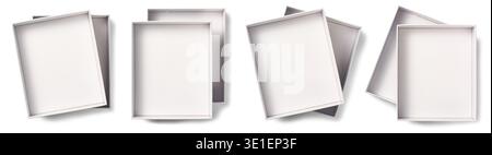 set of empty cardboard boxes isolated white background, rectangular paper packaging mockup template, top view with shadows Stock Photo
