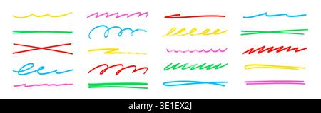 Line color brush underline set. Line underline brush hand drawn pen marker strokeswoosh, squiggle shape..Doodle scribble wavy wave highlight handwriting ink shape background. Vector illustration. Stock Vector
