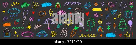 Kid cute baby childish element set. Cute kid school doodle sketch rainbow, sun, cloud background. Children preschool cartoon icons with happy face, house, tree, bird and heart. Vector illustration Stock Vector