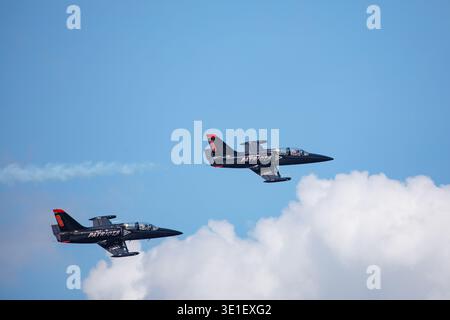 The Patriots Jet Team performs a flyover with two L-39 Albatros jets during an airshow. Stock Photo