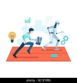 Human vs AI Robot Running a Race for Employment. Artificial Intelligence Concept Stock Vector