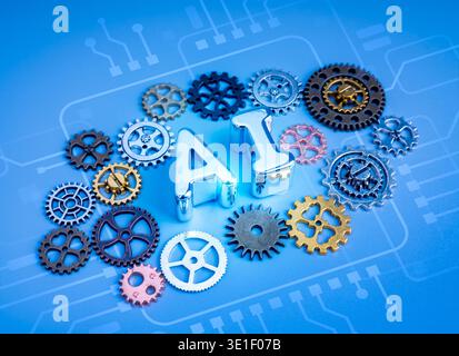 AI management concept. Gears and artificial intelligence system architecture. Enterprise AI infrastructure, machine learning automation, data integrat Stock Photo