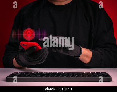 AI voice scam and deepfake fraud concept with cybercriminal using smartphone and smart technology tools. AI-generated deception, voice cloning attack, Stock Photo